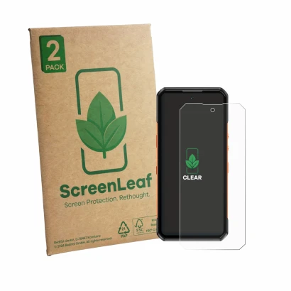 Parte frontal de un envase de producto con el logotipo de la marca ScreenLeaf. Al lado se muestra el dispositivo Oukitel WP500