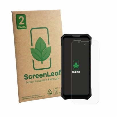 Parte frontal de un envase de producto con el logotipo de la marca ScreenLeaf. Al lado se muestra el dispositivo Doogee V50 co