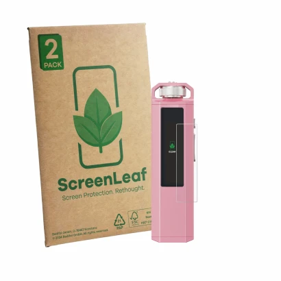 Parte frontal de un envase de producto con el logotipo de la marca ScreenLeaf. Al lado se muestra el dispositivo FiiO SnowSky 