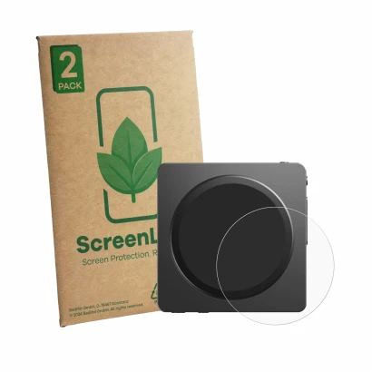 Parte frontal de un envase de producto con el logotipo de la marca ScreenLeaf. Al lado se muestra el dispositivo FiiO SnowSky 