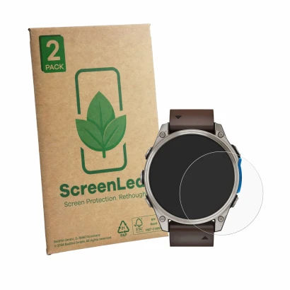 Parte frontal de un envase de producto con el logotipo de la marca ScreenLeaf. Al lado se muestra el dispositivo Garmin D2 Mac
