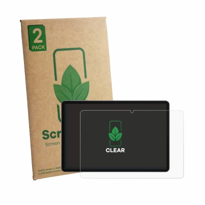 Parte frontal de un envase de producto con el logotipo de la marca ScreenLeaf. Al lado se muestra el dispositivo SVITOO TAB P1