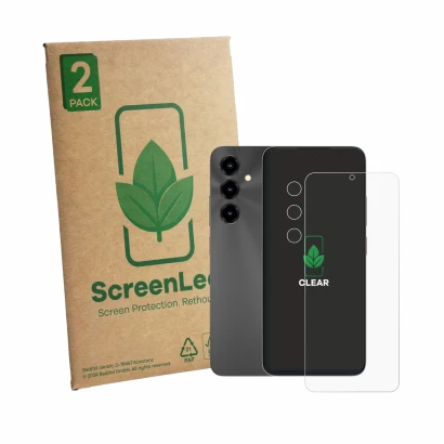 Parte frontal de un envase de producto con el logotipo de la marca ScreenLeaf. Al lado se muestra el dispositivo ZTE Blade V80