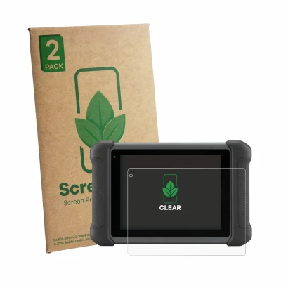 Parte frontal de un envase de producto con el logotipo de la marca ScreenLeaf. Al lado se muestra el dispositivo Autel MaxiSys