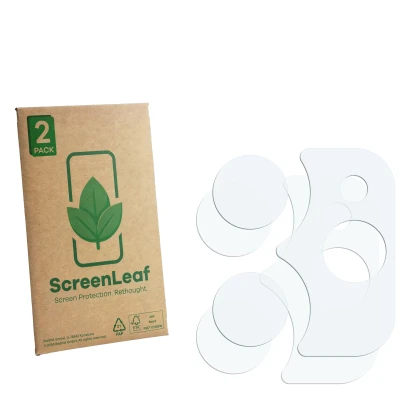 Parte frontal de un envase de producto con el logotipo de la marca ScreenLeaf. Al lado está el protector de pantalla correspon