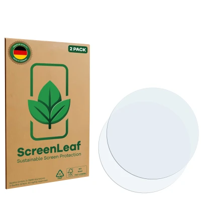 Parte frontal de un envase de producto con el logotipo de la marca ScreenLeaf. Al lado está el protector de pantalla correspon