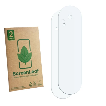 Parte frontal de un envase de producto con el logotipo de la marca ScreenLeaf. Al lado está el protector de pantalla correspon