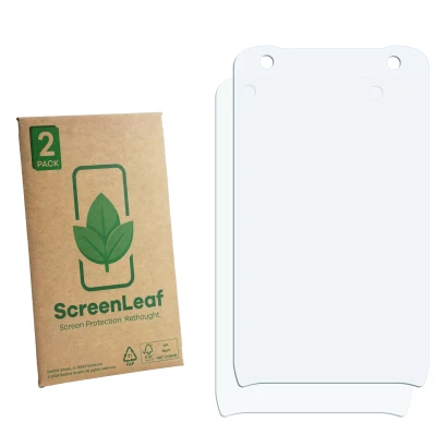 Parte frontal de un envase de producto con el logotipo de la marca ScreenLeaf. Al lado está el protector de pantalla correspon