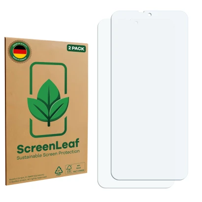 Parte frontal de un envase de producto con el logotipo de la marca ScreenLeaf. Al lado está el protector de pantalla correspon