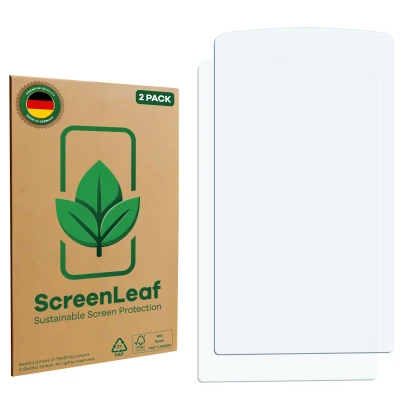 Parte frontal de un envase de producto con el logotipo de la marca ScreenLeaf. Al lado está el protector de pantalla correspon