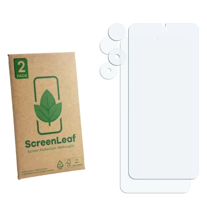 Parte frontal de un envase de producto con el logotipo de la marca ScreenLeaf. Al lado está el protector de pantalla correspon