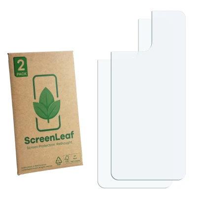 Parte frontal de un envase de producto con el logotipo de la marca ScreenLeaf. Al lado está el protector de pantalla correspon