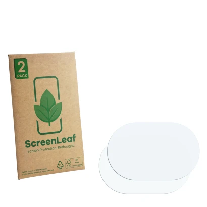 Parte frontal de un envase de producto con el logotipo de la marca ScreenLeaf. Al lado está el protector de pantalla correspon