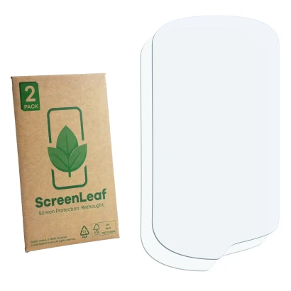 Parte frontal de un envase de producto con el logotipo de la marca ScreenLeaf. Al lado está el protector de pantalla correspon