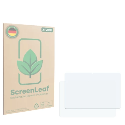 Parte frontal de un envase de producto con el logotipo de la marca ScreenLeaf. Al lado está el protector de pantalla correspon