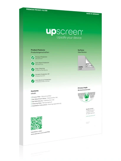 Parte trasera de un envase de producto con el logotipo de la marca upscreen