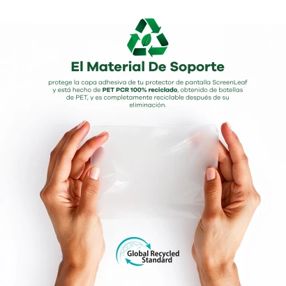 Información sobre el material de soporte reciclado, compuesto al 100 % por PET PCR reciclado. En la parte inferior aparece el 