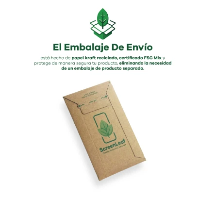 Información sobre la bolsa de envío, hecha de papel kraft reciclado con certificación FSC. El embalaje también está ilustrado.