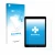 Parte frontal de un envase de producto con el logotipo de la marca upscreen. Al lado se muestra el dispositivo Apple iPad Air 