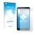 Parte frontal de un envase de producto con el logotipo de la marca upscreen. Al lado se muestra el dispositivo Samsung Galaxy 