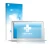 Parte frontal de un envase de producto con el logotipo de la marca upscreen. Al lado se muestra el dispositivo Apple MacBook A