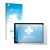 Parte frontal de un envase de producto con el logotipo de la marca upscreen. Al lado se muestra el dispositivo Microsoft Surfa