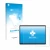 Parte frontal de un envase de producto con el logotipo de la marca upscreen. Al lado se muestra el dispositivo Microsoft Surfa