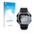 Parte frontal de un envase de producto con el logotipo de la marca upscreen. Al lado se muestra el dispositivo Casio DW-291H c