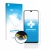 Parte frontal de un envase de producto con el logotipo de la marca upscreen. Al lado se muestra el dispositivo Samsung Galaxy 