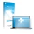 Parte frontal de un envase de producto con el logotipo de la marca upscreen. Al lado se muestra el dispositivo ASUS ZenBook 14