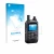 Parte frontal de un envase de producto con el logotipo de la marca upscreen. Al lado se muestra el dispositivo Icom ID-50E con