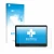 Parte frontal de un envase de producto con el logotipo de la marca upscreen. Al lado se muestra el dispositivo ASUS ExpertCent