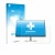 Parte frontal de un envase de producto con el logotipo de la marca upscreen. Al lado se muestra el dispositivo HP Serie 5 Pro 
