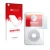 Parte frontal de un envase de producto con el logotipo de la marca upscreen. Al lado se muestra el dispositivo Apple iPod clas