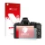 Parte frontal de un envase de producto con el logotipo de la marca upscreen. Al lado se muestra el dispositivo Olympus OM-D E-