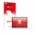 Parte frontal de un envase de producto con el logotipo de la marca upscreen. Al lado se muestra el dispositivo Apple MacBook P