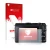 Parte frontal de un envase de producto con el logotipo de la marca upscreen. Al lado se muestra el dispositivo Canon EOS M3 co