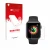 Parte frontal de un envase de producto con el logotipo de la marca upscreen. Al lado se muestra el dispositivo Apple Watch Ser