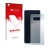 Parte frontal de un envase de producto con el logotipo de la marca upscreen. Al lado se muestra el dispositivo Samsung Galaxy 