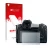 Parte frontal de un envase de producto con el logotipo de la marca upscreen. Al lado se muestra el dispositivo Canon EOS R con