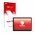Parte frontal de un envase de producto con el logotipo de la marca upscreen. Al lado se muestra el dispositivo Microsoft Surfa
