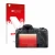 Parte frontal de un envase de producto con el logotipo de la marca upscreen. Al lado se muestra el dispositivo Canon EOS R5 co