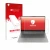 Parte frontal de un envase de producto con el logotipo de la marca upscreen. Al lado se muestra el dispositivo Lenovo ThinkBoo