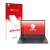 Parte frontal de un envase de producto con el logotipo de la marca upscreen. Al lado se muestra el dispositivo Lenovo ThinkPad