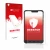 Parte frontal de un envase de producto con el logotipo de la marca upscreen. Al lado se muestra el dispositivo Samsung Galaxy 