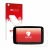 Parte frontal de un envase de producto con el logotipo de la marca upscreen. Al lado se muestra el dispositivo TomTom GO Super