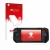Parte frontal de un envase de producto con el logotipo de la marca upscreen. Al lado se muestra el dispositivo MSI Claw A1M co