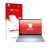 Parte frontal de un envase de producto con el logotipo de la marca upscreen. Al lado se muestra el dispositivo Dell 14 Plus 2-