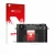 Parte frontal de un envase de producto con el logotipo de la marca upscreen. Al lado se muestra el dispositivo Fujifilm X Half