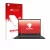 Parte frontal de un envase de producto con el logotipo de la marca upscreen. Al lado se muestra el dispositivo MSI Prestige 16